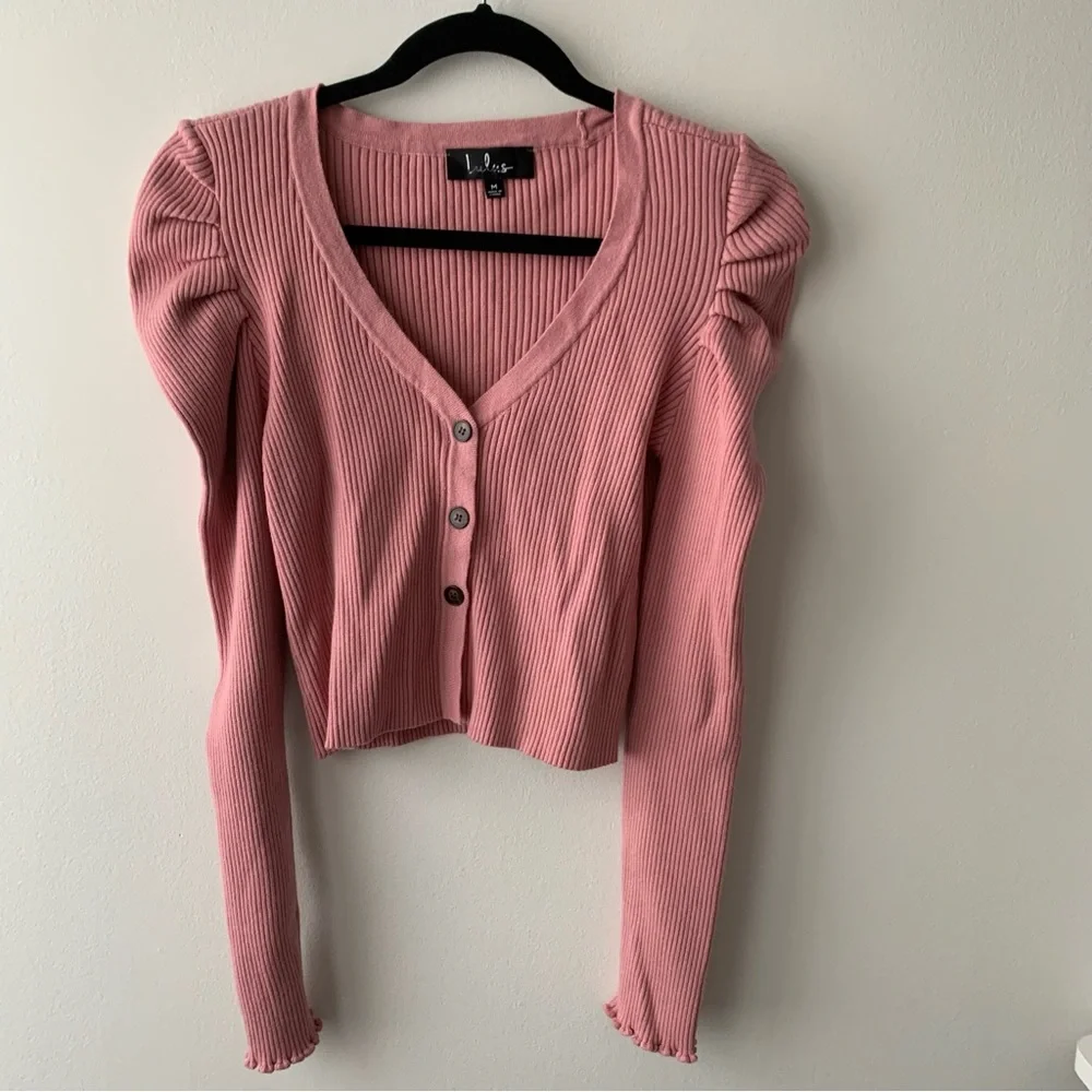 LULUS At First Crush Mauve Pink Puff Shoulder Cropped Cardigan Sweater - Picture 6 of 10
